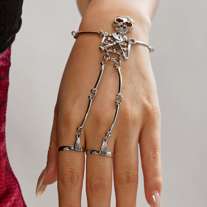 Skeleton Hand Chain Halloween Bracelet With Rings - Silver - image 4