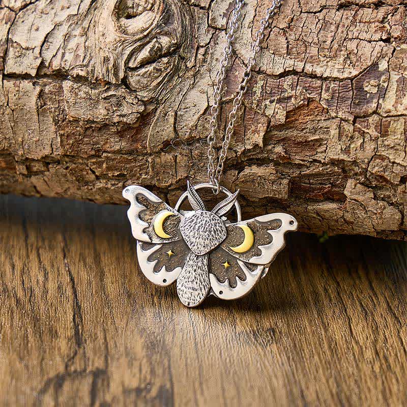 Gothic Moons & Stars Celestial Luna Moth Necklace - Silver - image 0