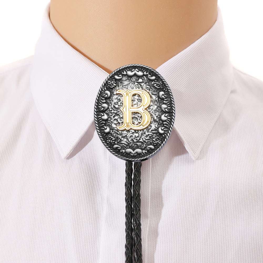 Old-style Two-Tone Intricate Relief Monogram Bolo Tie - image 1