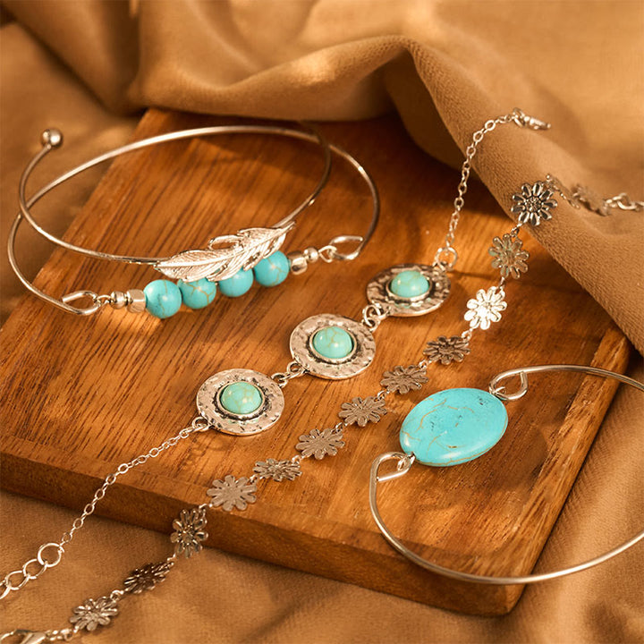 5Pcs The Desert Muse Turquoise Feather & Bloom Stack Bracelet Set - image 0
