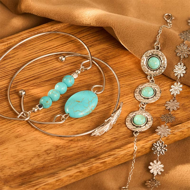 5Pcs The Desert Muse Turquoise Feather & Bloom Stack Bracelet Set - image 2