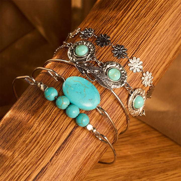 5Pcs The Desert Muse Turquoise Feather & Bloom Stack Bracelet Set - 5Pcs - image 3