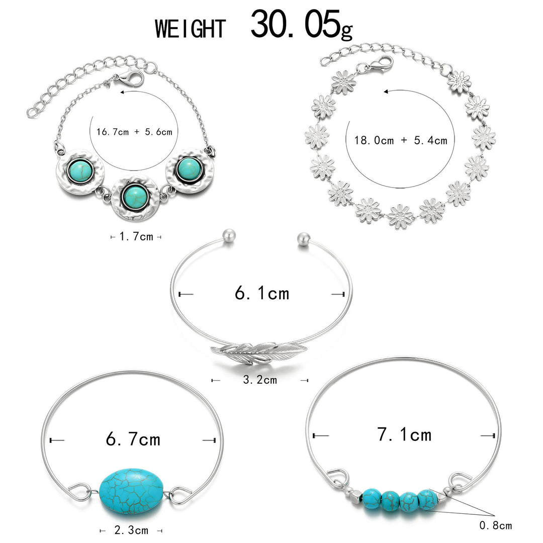 5Pcs The Desert Muse Turquoise Feather & Bloom Stack Bracelet Set - image 4