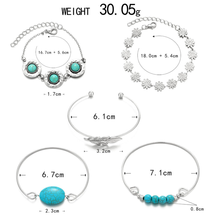 5Pcs The Desert Muse Turquoise Feather & Bloom Stack Bracelet Set - image 4
