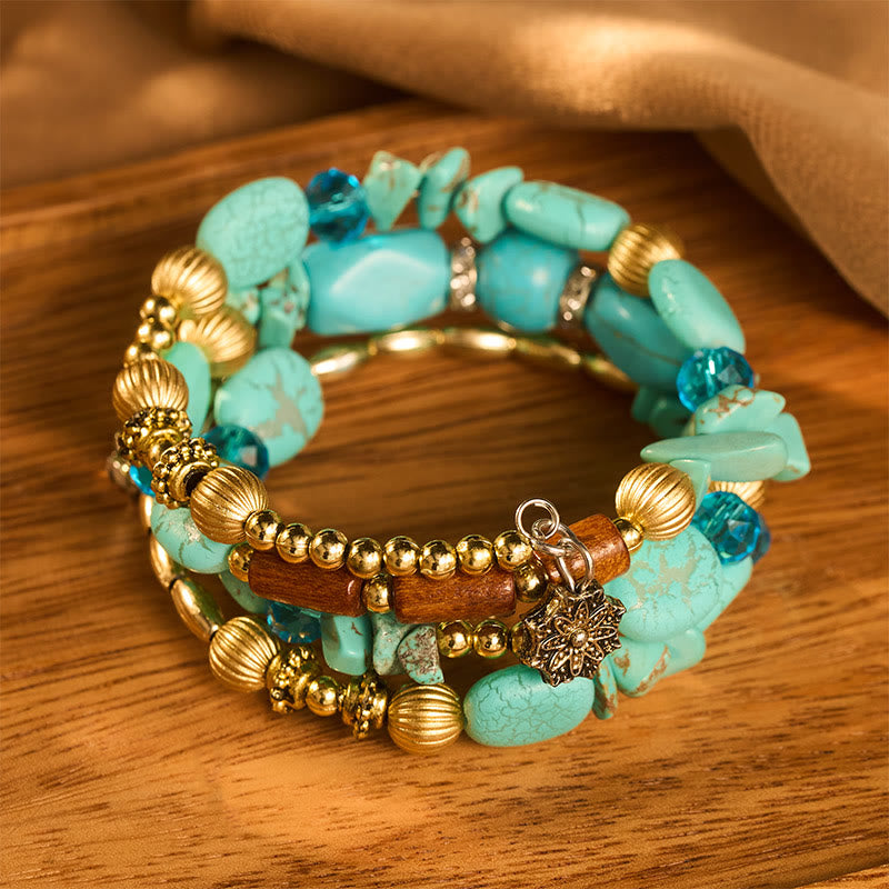 Vintage Bohemian Multi-layer Turquoise Agate Crystal Beaded Bracelet - image 3