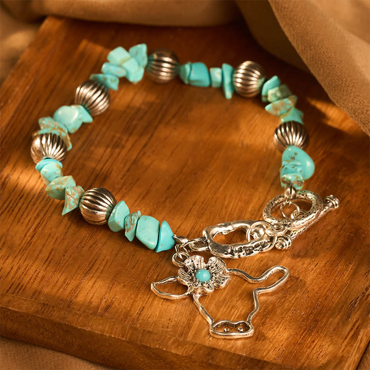 Vintage Western Turquoise Chip Antique Silver Bull Skull Flower Beaded Bracelet - image 0