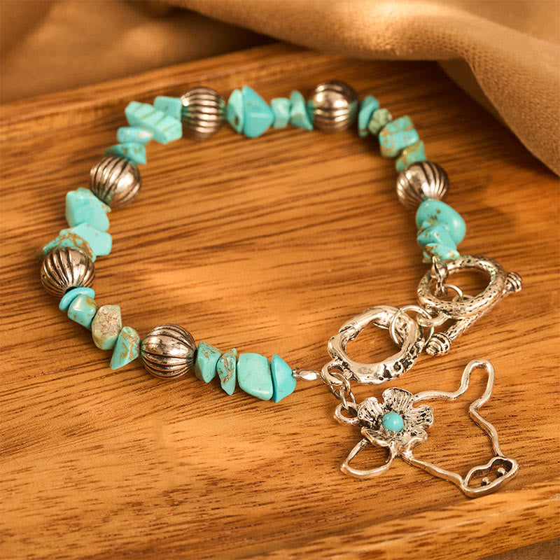 Vintage Western Turquoise Chip Antique Silver Bull Skull Flower Beaded Bracelet - image 3