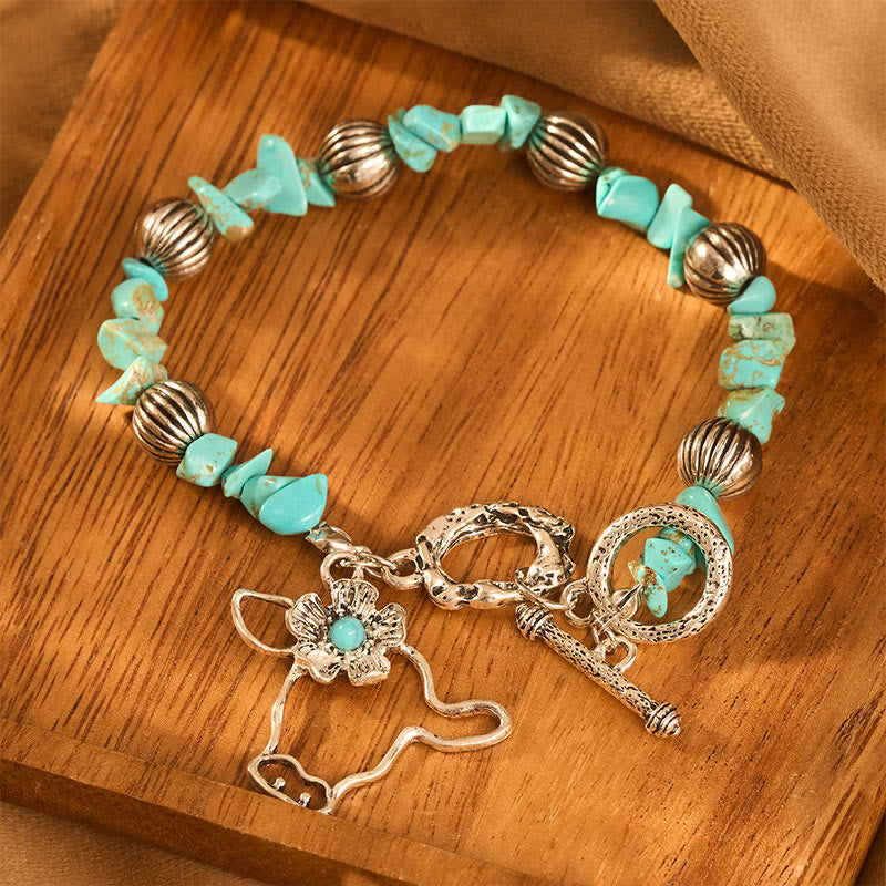 Vintage Western Turquoise Chip Antique Silver Bull Skull Flower Beaded Bracelet - image 4