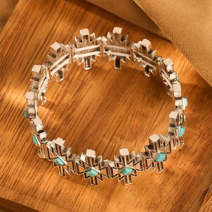 Vintage Boho Diamond Turquoise Silver‑tone Etched Adjustable Link Bracelet - image 1