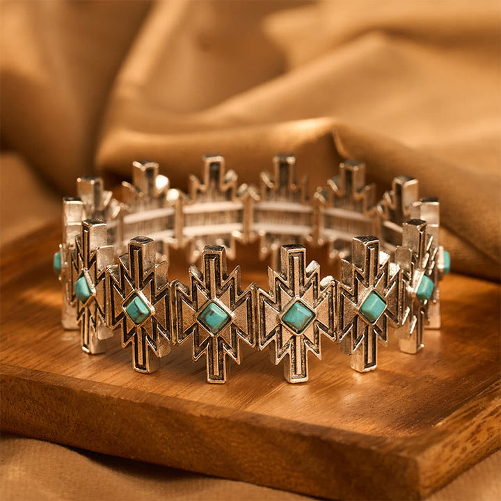 Vintage Boho Diamond Turquoise Silver‑tone Etched Adjustable Link Bracelet - Blue - image 0