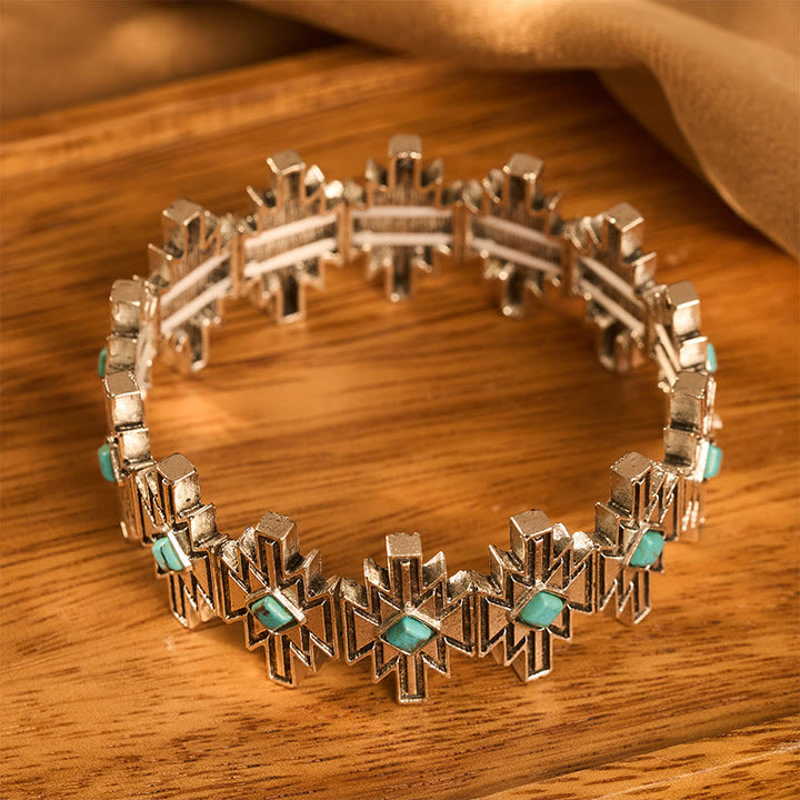 Vintage Boho Diamond Turquoise Silver‑tone Etched Adjustable Link Bracelet - image 2