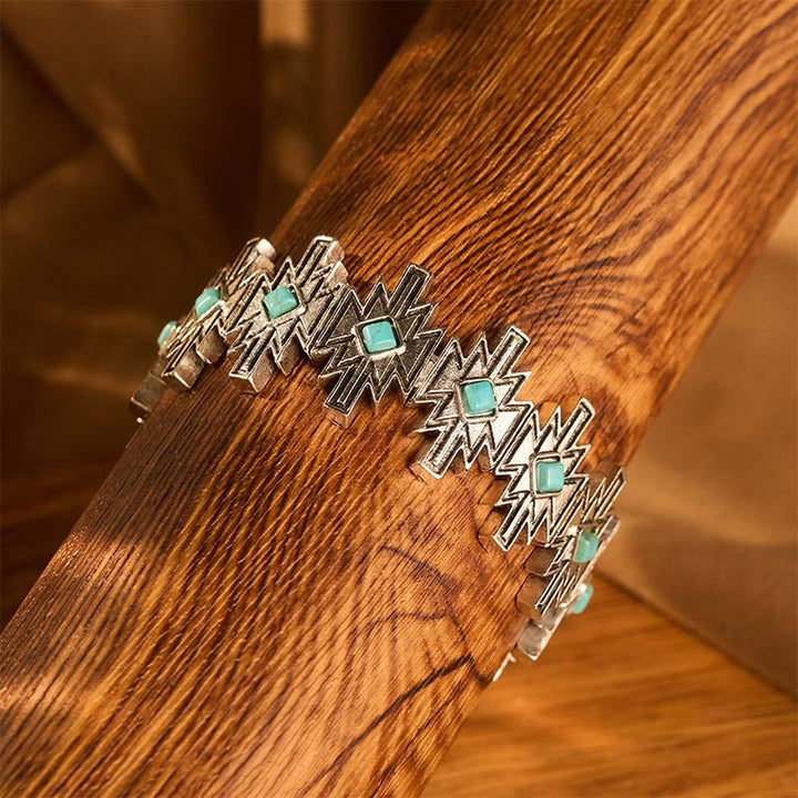 Vintage Boho Diamond Turquoise Silver‑tone Etched Adjustable Link Bracelet - image 3