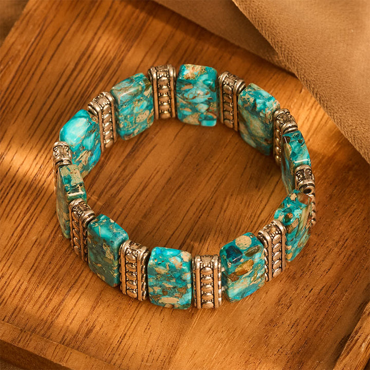 Vintage Boho Rectangle Emperor Stone Silver‑tone Panel Stretch Bracelet - image 1