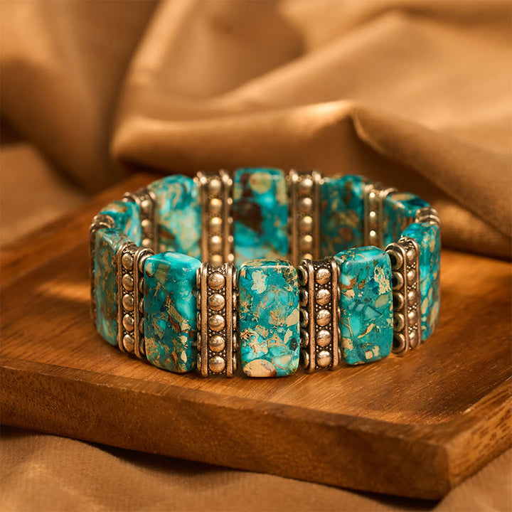Vintage Boho Rectangle Emperor Stone Silver‑tone Panel Stretch Bracelet - image 0