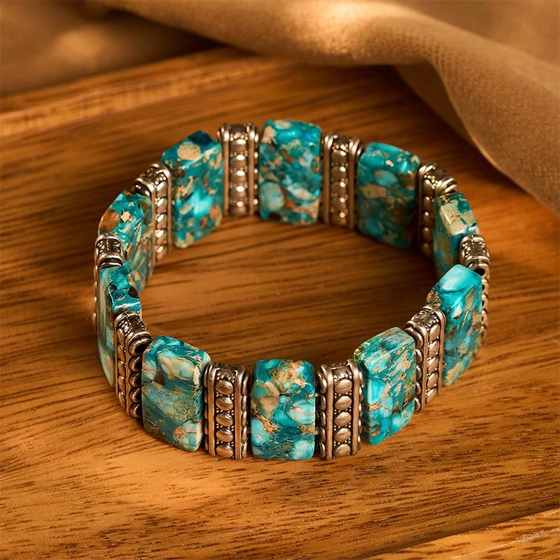 Vintage Boho Rectangle Emperor Stone Silver‑tone Panel Stretch Bracelet - image 2