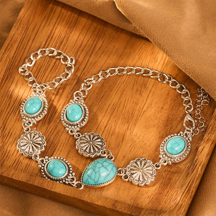 Vintage Boho Oval Teardrop Red Turquoise Silver‑tone Floral Chain Hand Harness Bracelet - image 3