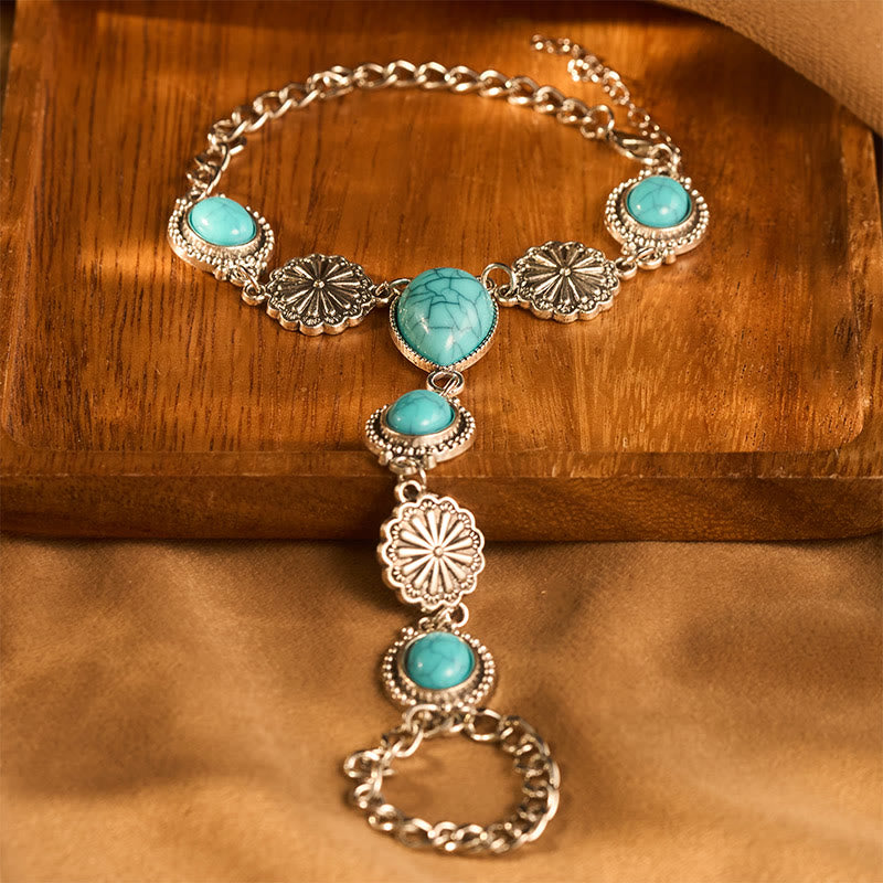 Vintage Boho Oval Teardrop Red Turquoise Silver‑tone Floral Chain Hand Harness Bracelet - image 4