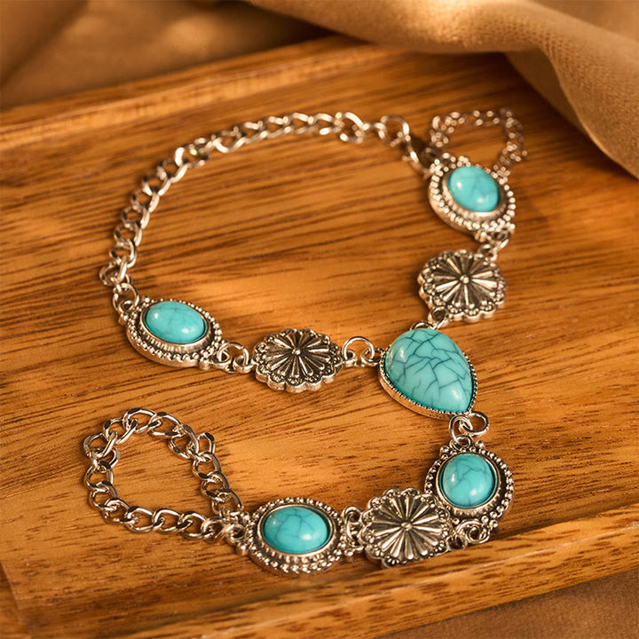 Vintage Boho Oval Teardrop Red Turquoise Silver‑tone Floral Chain Hand Harness Bracelet - image 0