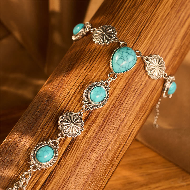 Vintage Boho Oval Teardrop Red Turquoise Silver‑tone Floral Chain Hand Harness Bracelet - image 5