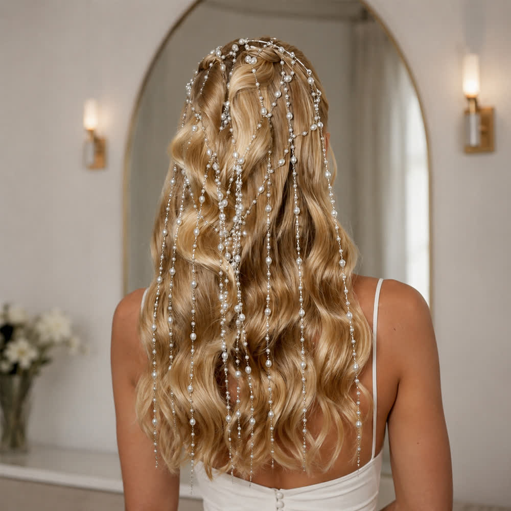 Women's Wedding & Festival Goddess Pearl Veil Hair Chains - Style #1 - Silver - image 0