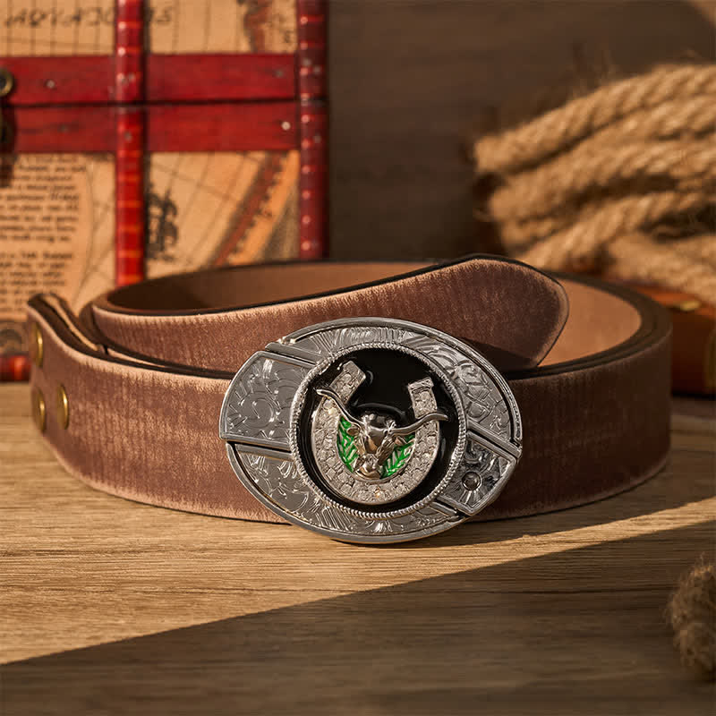 Rhinestone Longhorn Bull & Horseshoe DIY Hidden Folding Knife Buckle Leather Belt - Longhorn Bull & Horseshoe - Brown Distressed Belt - 42 - image 5