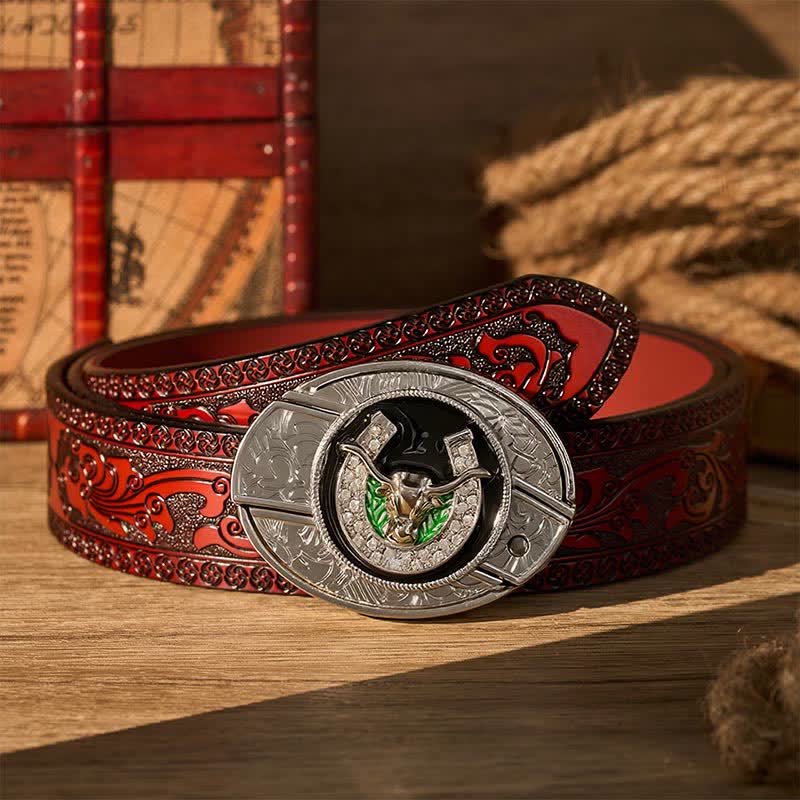 Rhinestone Longhorn Bull & Horseshoe DIY Hidden Folding Knife Buckle Leather Belt - Longhorn Bull & Horseshoe - Brown Carved Belt - 42 - image 6