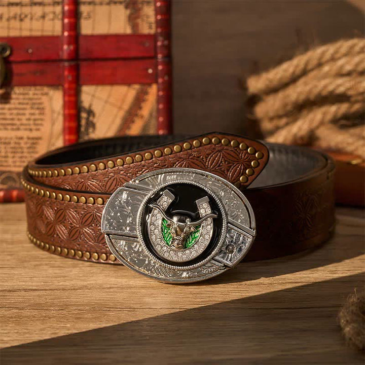 Rhinestone Longhorn Bull & Horseshoe DIY Hidden Folding Knife Buckle Leather Belt - Longhorn Bull & Horseshoe - Brown Rivet Belt - 42 - image 4