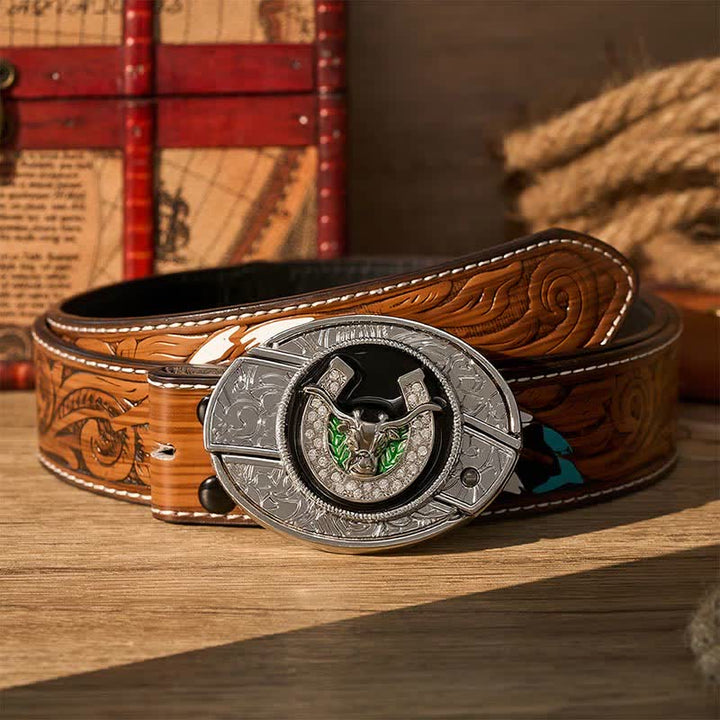 Rhinestone Longhorn Bull & Horseshoe DIY Hidden Folding Knife Buckle Leather Belt - Longhorn Bull & Horseshoe - Brown Feather Belt - 40 - image 7