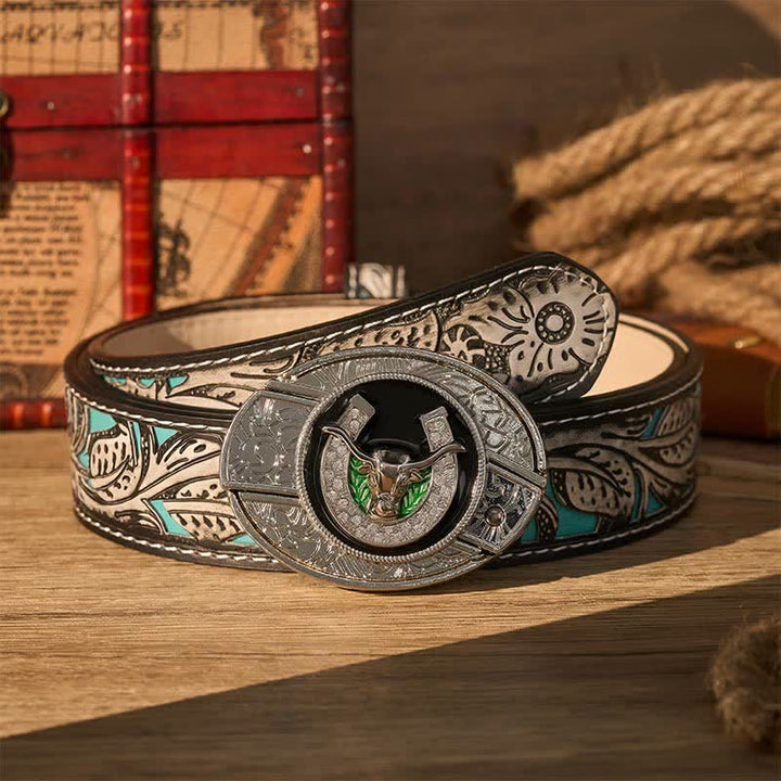 Rhinestone Longhorn Bull & Horseshoe DIY Hidden Folding Knife Buckle Leather Belt - Longhorn Bull & Horseshoe - Gray Floral Belt - 42 - image 8