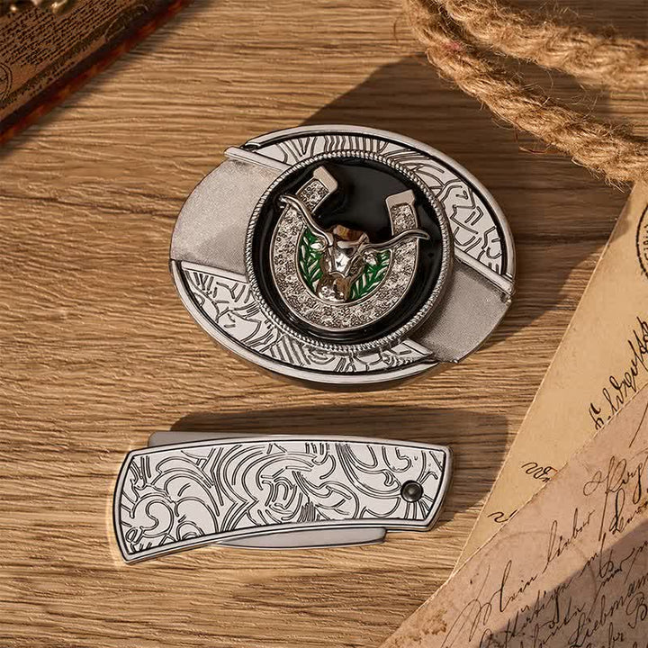 Rhinestone Longhorn Bull & Horseshoe DIY Hidden Folding Knife Buckle Leather Belt - image 9