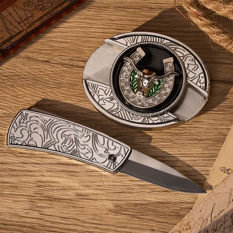 Rhinestone Longhorn Bull & Horseshoe DIY Hidden Folding Knife Buckle Leather Belt - image 1