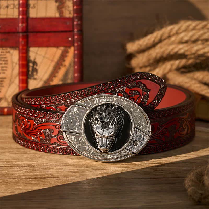 Western Lone Wolf DIY Hidden Folding Knife Buckle Leather Belt - Wolf - Brown Carved Belt - 42 - image 6