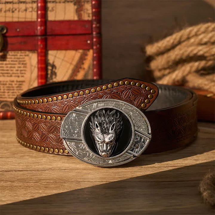Western Lone Wolf DIY Hidden Folding Knife Buckle Leather Belt - Wolf - Brown Rivet Belt - 42 - image 4