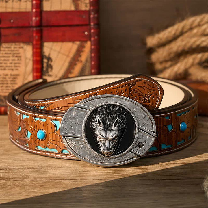 Western Lone Wolf DIY Hidden Folding Knife Buckle Leather Belt - Wolf - Turquoise Carved Belt - 42 - image 3