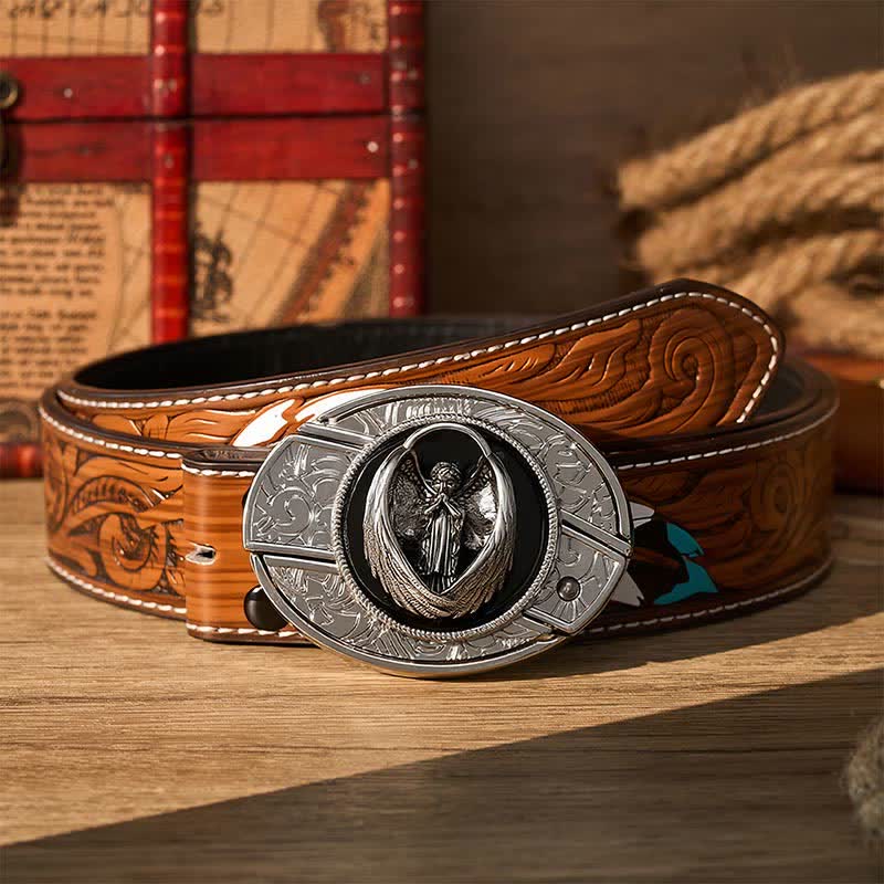 Gothic Praying Guardian Angel DIY Hidden Folding Knife Buckle Leather Belt - Guardian Angel - Brown Feather Belt - 40 - image 7