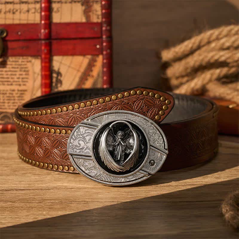 Gothic Praying Guardian Angel DIY Hidden Folding Knife Buckle Leather Belt - Guardian Angel - Brown Rivet Belt - 42 - image 4