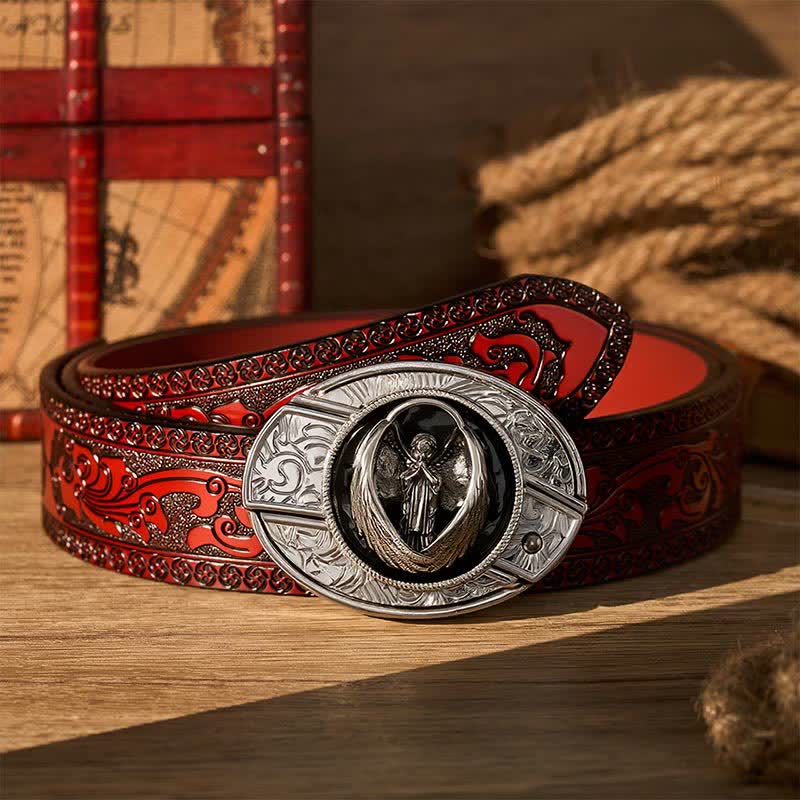 Gothic Praying Guardian Angel DIY Hidden Folding Knife Buckle Leather Belt - Guardian Angel - Brown Carved Belt - 42 - image 6
