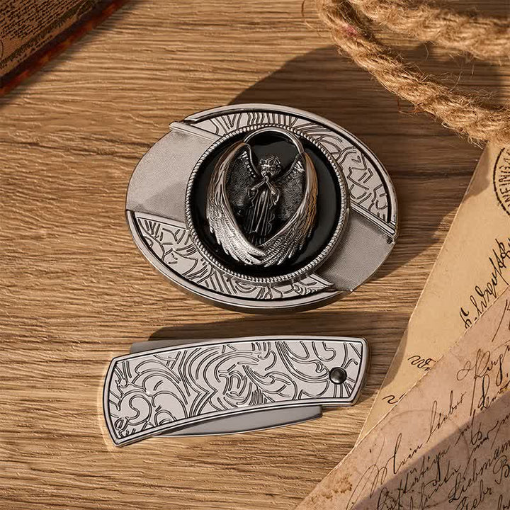 Gothic Praying Guardian Angel DIY Hidden Folding Knife Buckle Leather Belt - image 10