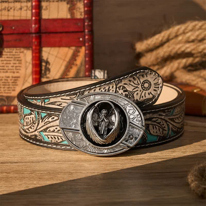 Gothic Praying Guardian Angel DIY Hidden Folding Knife Buckle Leather Belt - Guardian Angel - Gray Floral Belt - 42 - image 8