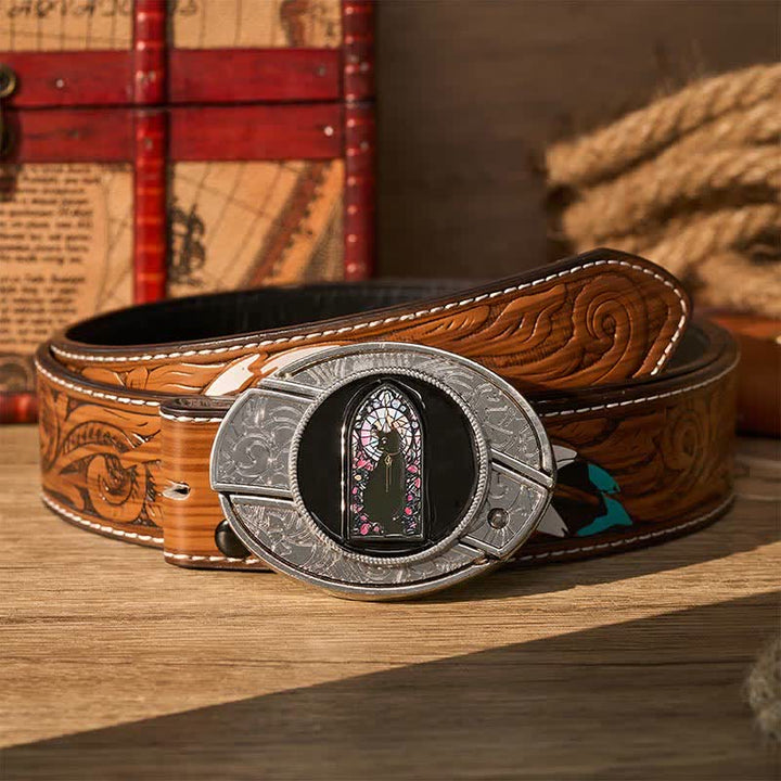 Witching Hour Black Cat DIY Hidden Folding Knife Buckle Leather Belt - Witching Cat - Brown Feather Belt - 40 - image 7