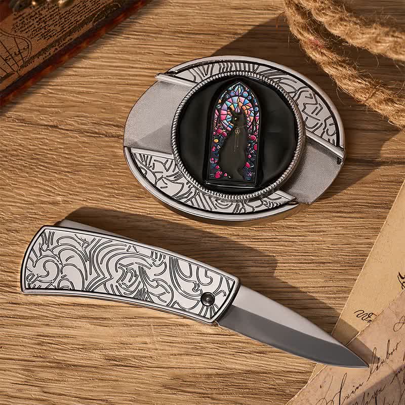 Witching Hour Black Cat DIY Hidden Folding Knife Buckle Leather Belt - image 1