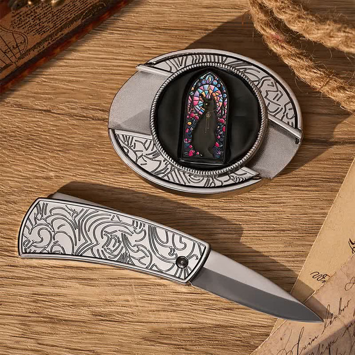 Witching Hour Black Cat DIY Hidden Folding Knife Buckle Leather Belt - image 1