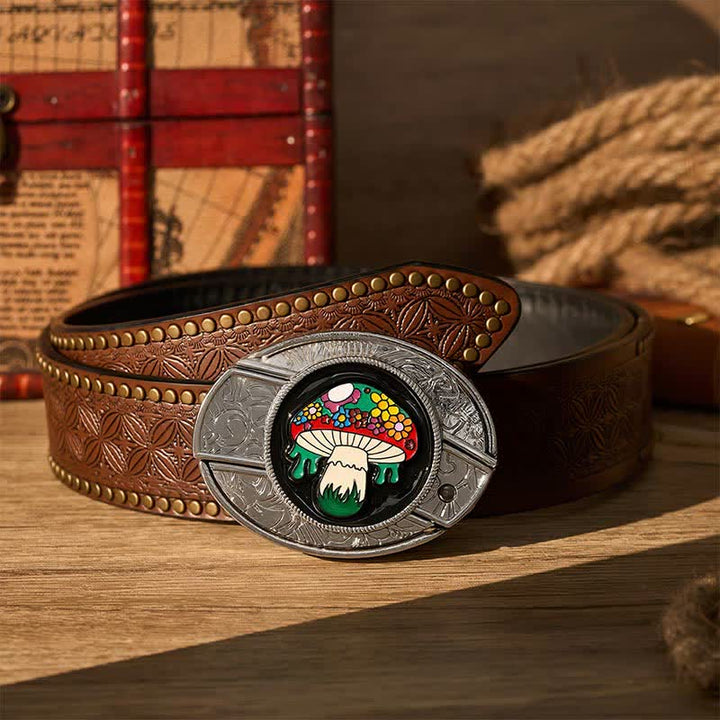 Colorful Hippie Mushroom DIY Hidden Folding Knife Buckle Leather Belt - Colored Mushroom - Brown Rivet Belt - 42 - image 4