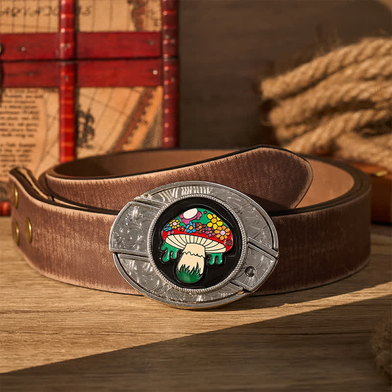 Colorful Hippie Mushroom DIY Hidden Folding Knife Buckle Leather Belt - Colored Mushroom - Brown Distressed Belt - 42 - image 5
