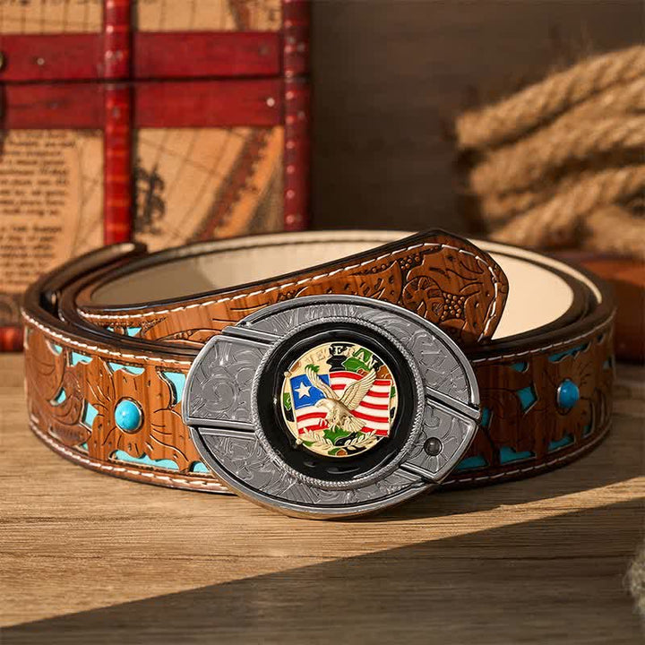 American Flag Camo Eagle DIY Hidden Folding Knife Buckle Leather Belt - Camo Eagle & Flag - Turquoise Carved Belt - 42 - image 3