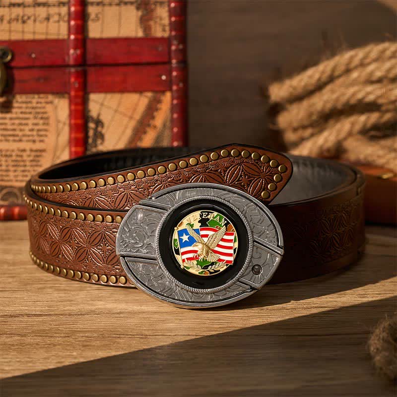 American Flag Camo Eagle DIY Hidden Folding Knife Buckle Leather Belt - Camo Eagle & Flag - Brown Rivet Belt - 42 - image 4