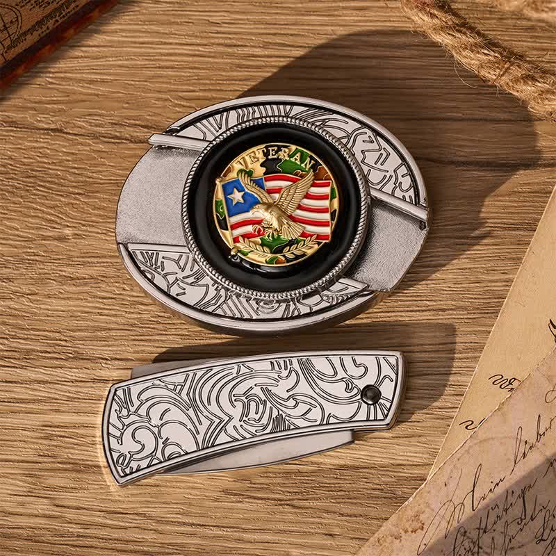 American Flag Camo Eagle DIY Hidden Folding Knife Buckle Leather Belt - image 9