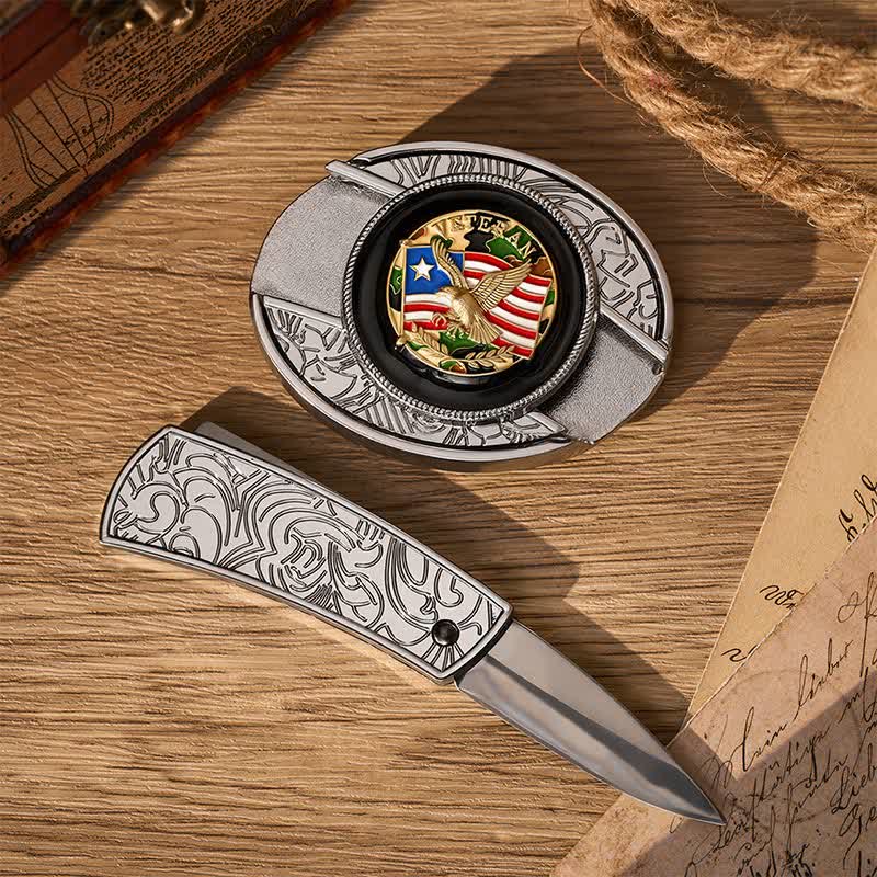 American Flag Camo Eagle DIY Hidden Folding Knife Buckle Leather Belt - image 1