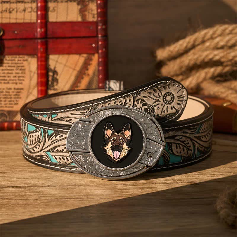 German Shepherd Dog DIY Hidden Folding Knife Buckle Leather Belt - German Shepherd - Gray Floral Belt - 42 - image 8