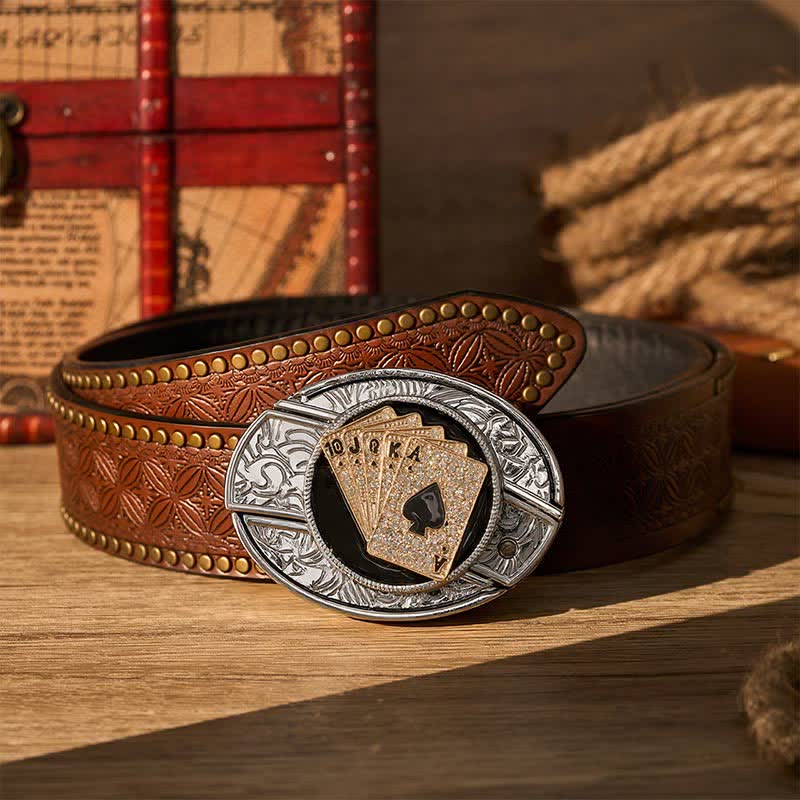 Cowboy Shiny Royal Flush DIY Hidden Folding Knife Buckle Leather Belt - Gold Royal Flush - Brown Rivet Belt - 42 - image 4